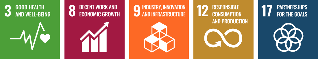 3 - Good health and wellbeing, 8 - Decent work and economic growth, 9 - Industry, innovation and infrastructure, 12 - Responsible consumption and production, 17 - Partnership for the goals